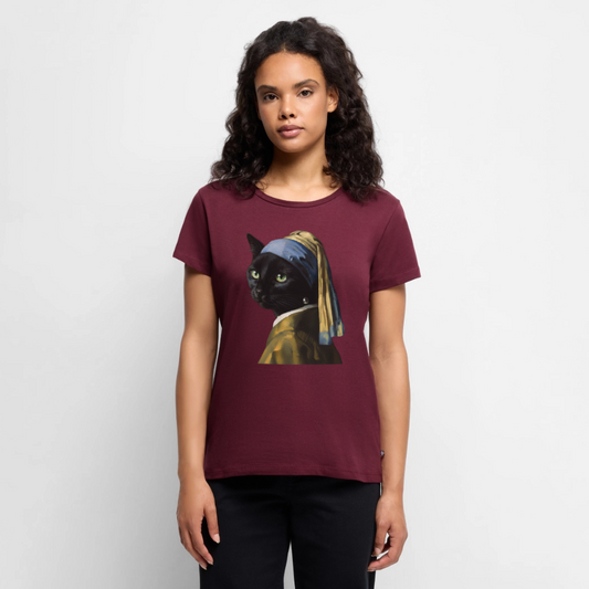 Das Mädchen mit dem Perlenohrring… aber es ist eine Katze | Frauen Premium T-Shirt - Burgunderrot