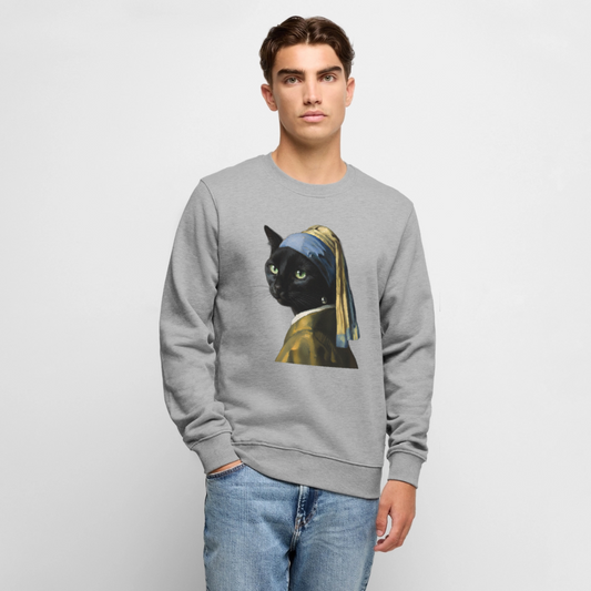 Das Mädchen mit dem Perlenohrring… aber es ist eine Katze | Männer Premium Pullover - Grau meliert