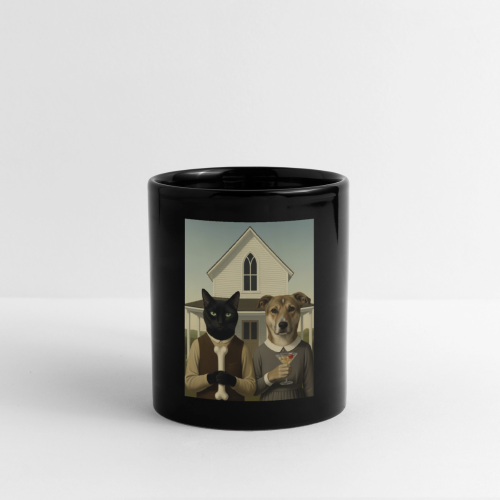 American Gothic… aber mit Katze und Hund | Tasse - Schwarz