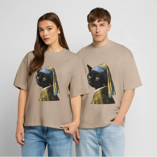Das Mädchen mit dem Perlenohrring… aber es ist eine Katze | Stanley/Stella Oversized Unisex Bio T-Shirt Blaster - Steingrau