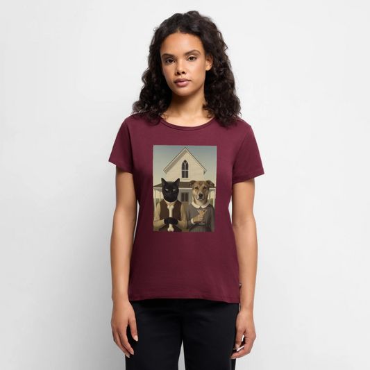 American Gothic… aber mit Katze und Hund | Frauen Premium T-Shirt - Burgunderrot