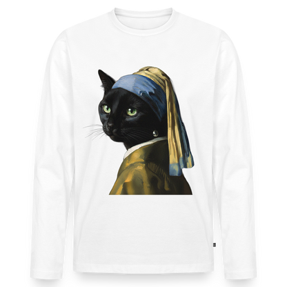 Das Mädchen mit dem Perlenohrring… aber es ist eine Katze |  Männer Premium Bio Langarmshirt - Weiß