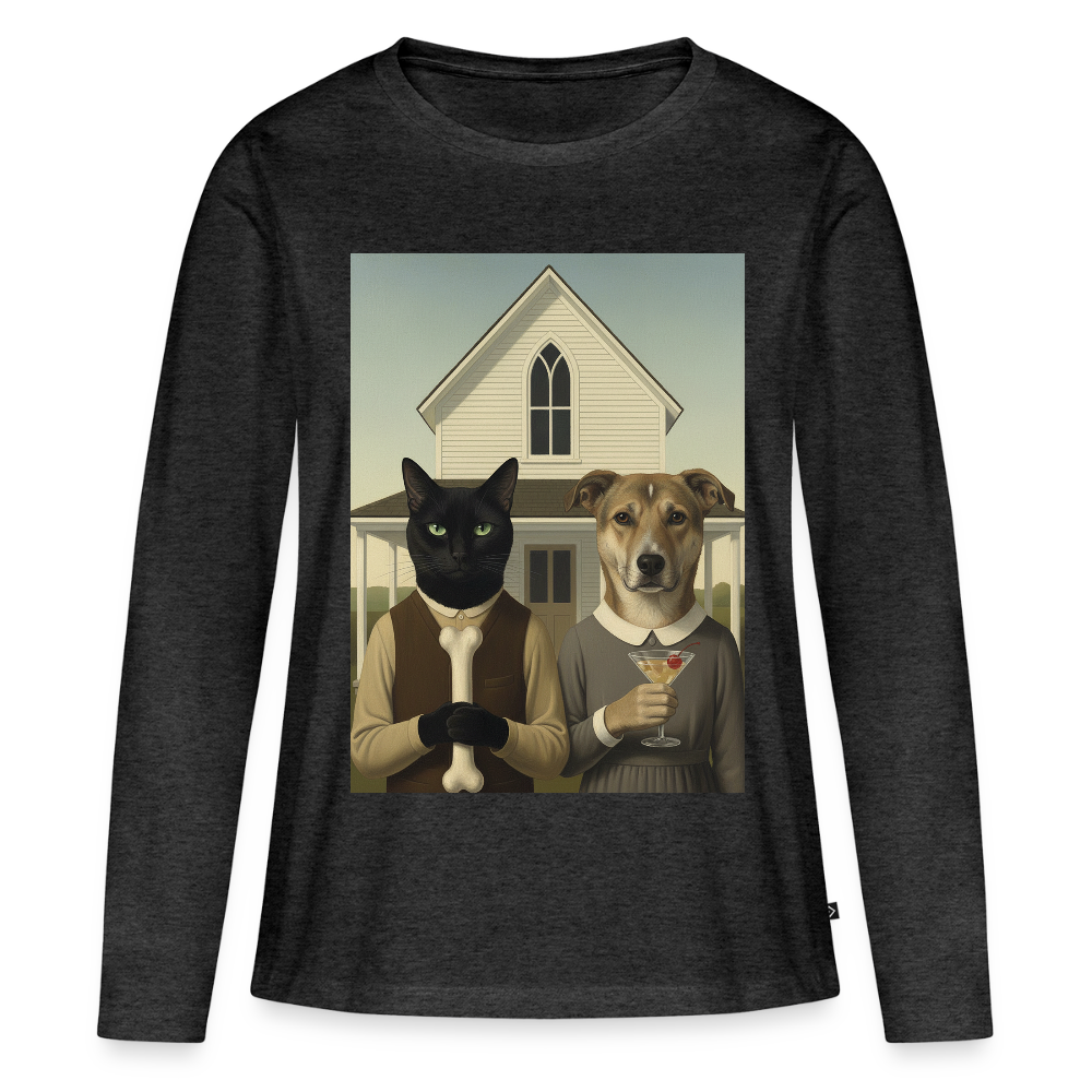 American Gothic… aber mit Katze und Hund | Frauen Premium Bio Langarmshirt - Anthrazit meliert