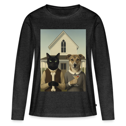 American Gothic… aber mit Katze und Hund | Frauen Premium Bio Langarmshirt - Anthrazit meliert
