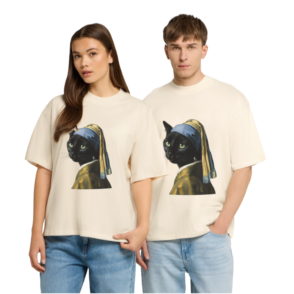 Das Mädchen mit dem Perlenohrring… aber es ist eine Katze | Stanley/Stella Oversized Unisex Bio T-Shirt Blaster - Natur