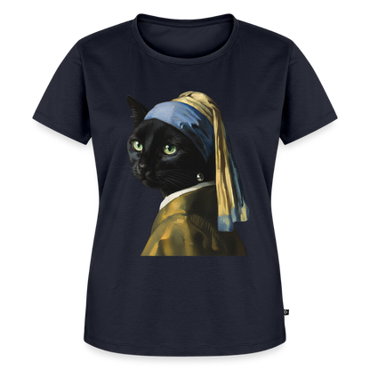 Das Mädchen mit dem Perlenohrring… aber es ist eine Katze | Frauen Premium T-Shirt - Navy