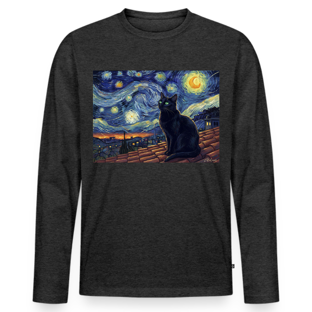 Sternennacht… aber die Katze denkt nach | Männer Premium Bio Langarmshirt - Anthrazit meliert