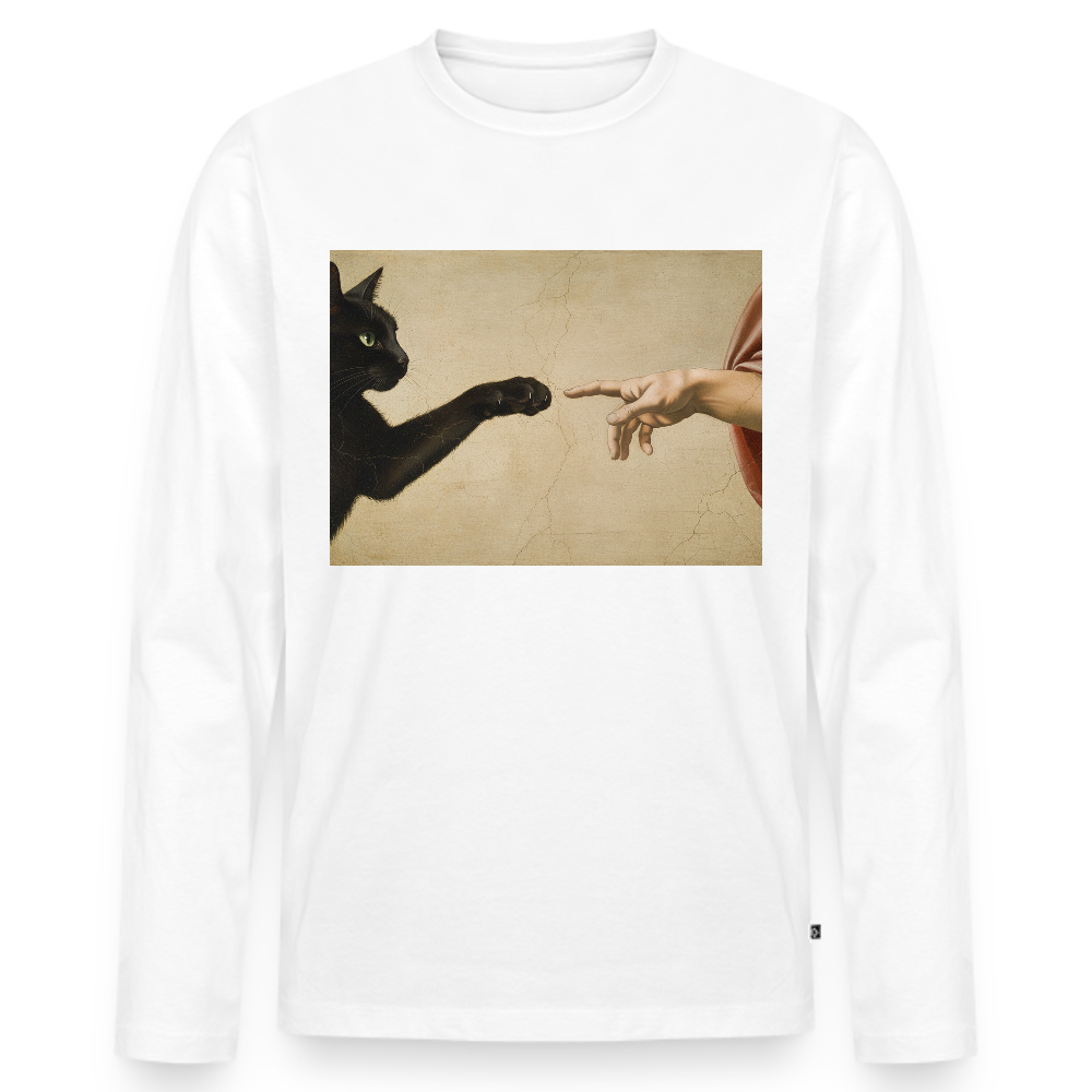 Die Erschaffung Adams… aber die Katze war schneller | Männer Premium Bio Langarmshirt - Weiß
