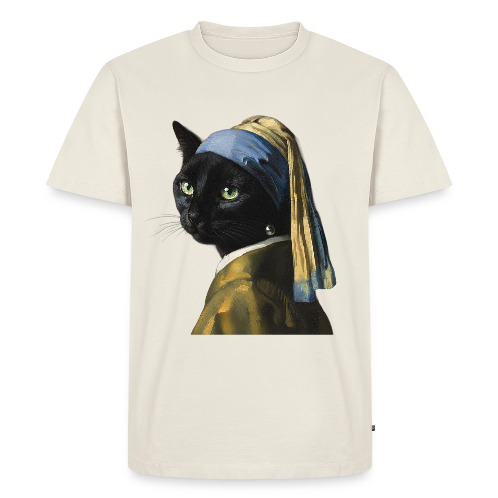 Das Mädchen mit dem Perlenohrring… aber es ist eine Katze | Männer Premium T-Shirt - Naturweiß