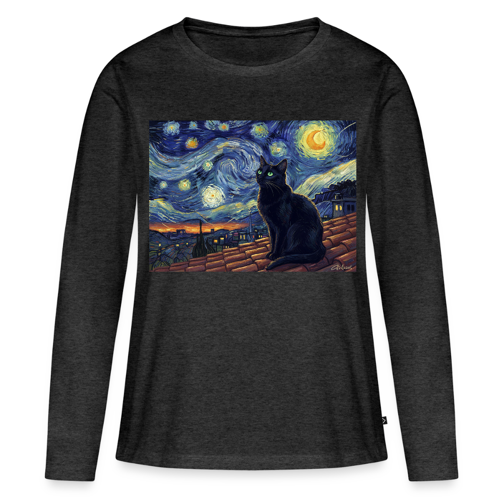 Sternennacht… aber die Katze denkt nach | Frauen Premium Bio Langarmshirt - Anthrazit meliert