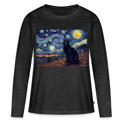 Sternennacht… aber die Katze denkt nach | Frauen Premium Bio Langarmshirt - Anthrazit meliert
