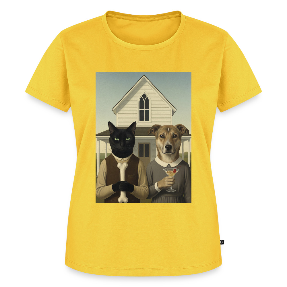 American Gothic… aber mit Katze und Hund | Frauen Premium T-Shirt - Gelb