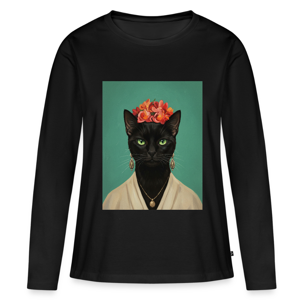 Frida Katze – Künstlerisches Katzenporträt | Frauen Premium Bio Langarmshirt - Schwarz