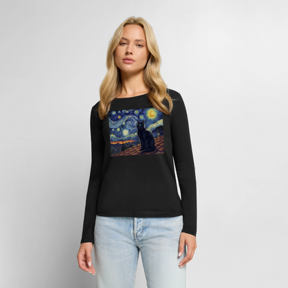 Sternennacht… aber die Katze denkt nach | Frauen Premium Bio Langarmshirt - Schwarz