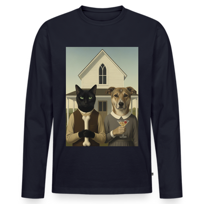 American Gothic… aber mit Katze und Hund | Männer Premium Bio Langarmshirt - Navy
