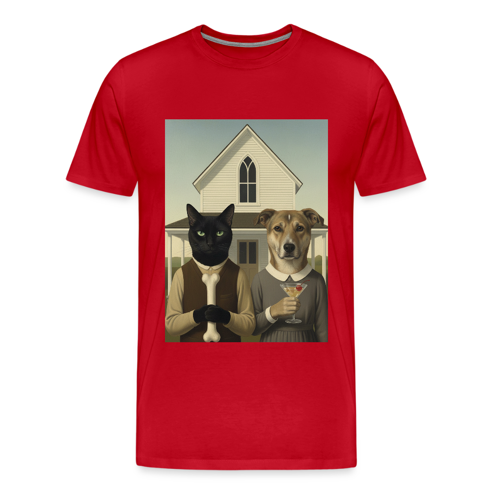 American Gothic… aber mit Katze und Hund | Männer Premium T-Shirt - Rot