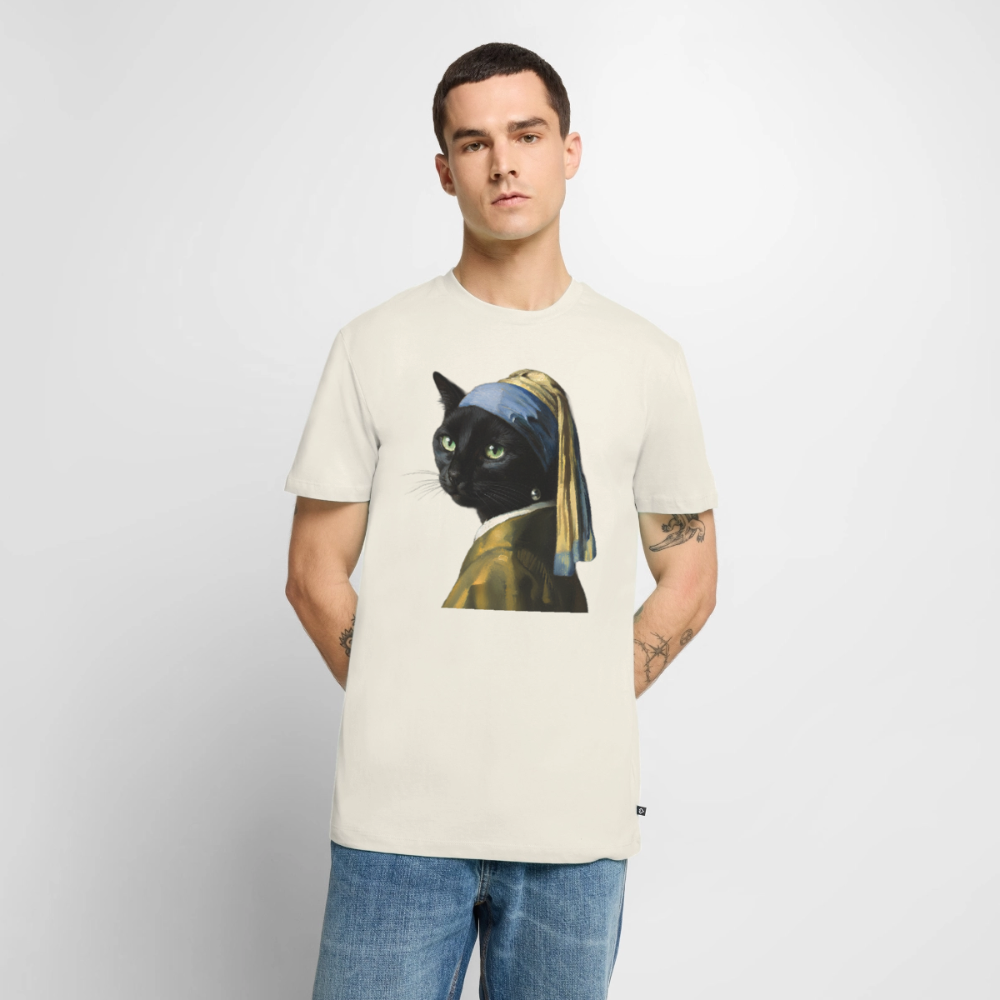 Das Mädchen mit dem Perlenohrring… aber es ist eine Katze | Männer Premium T-Shirt - Naturweiß