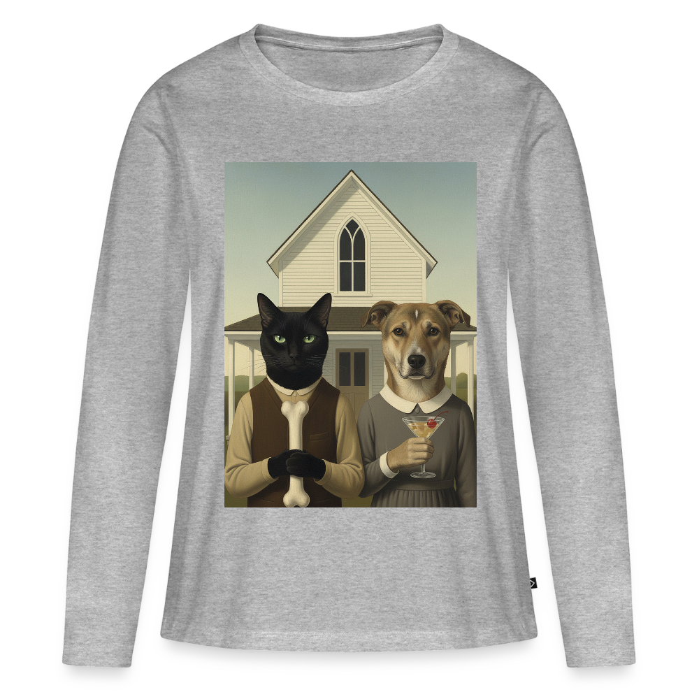 American Gothic… aber mit Katze und Hund | Frauen Premium Bio Langarmshirt - Grau meliert
