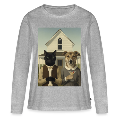 American Gothic… aber mit Katze und Hund | Frauen Premium Bio Langarmshirt - Grau meliert