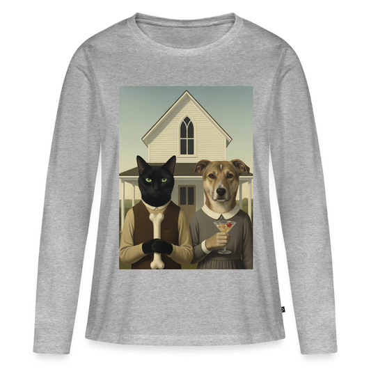 American Gothic… aber mit Katze und Hund | Frauen Premium Bio Langarmshirt - Grau meliert