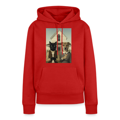 American Gothic… aber mit Katze und Hund | Frauen Premium Hoodie - Rot