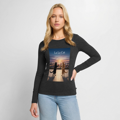 La La Cat – Tanz über den Dächern | Frauen Premium Bio Langarmshirt - Anthrazit meliert