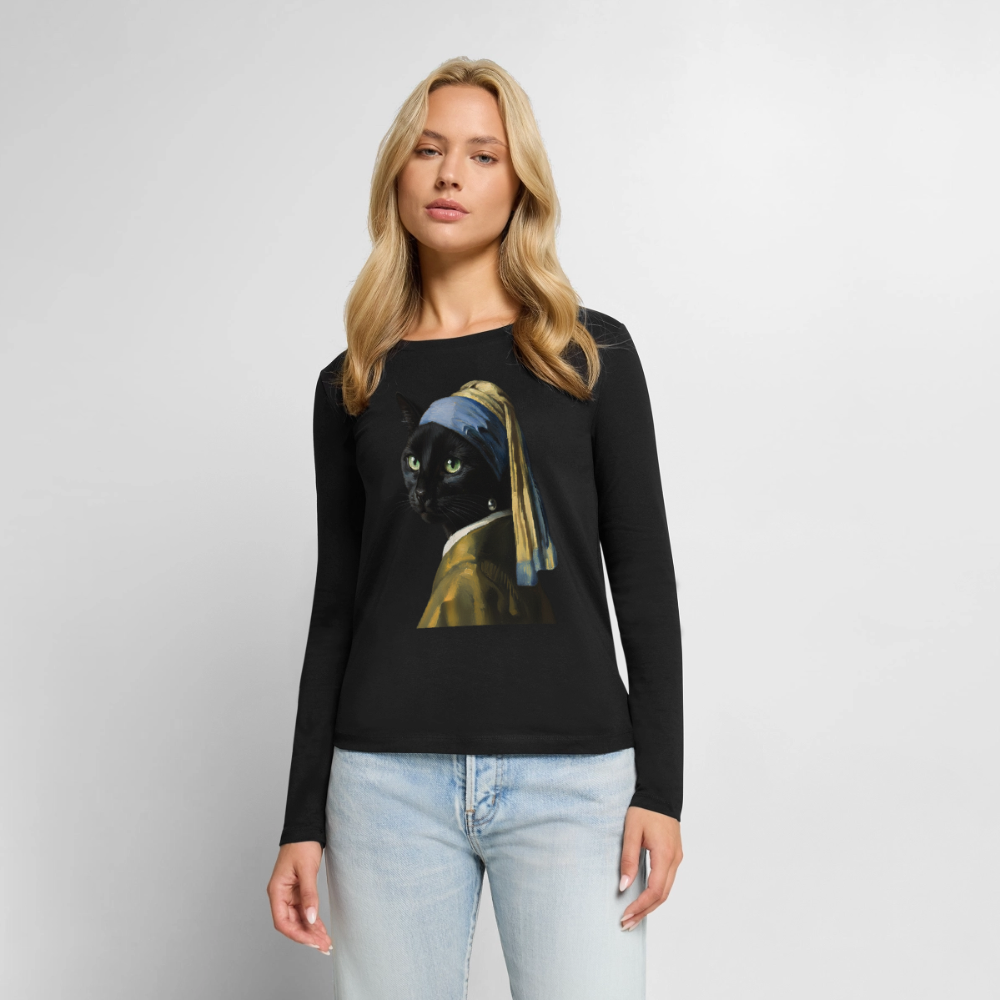 Das Mädchen mit dem Perlenohrring… aber es ist eine Katze |  Frauen Premium Bio Langarmshirt - Schwarz