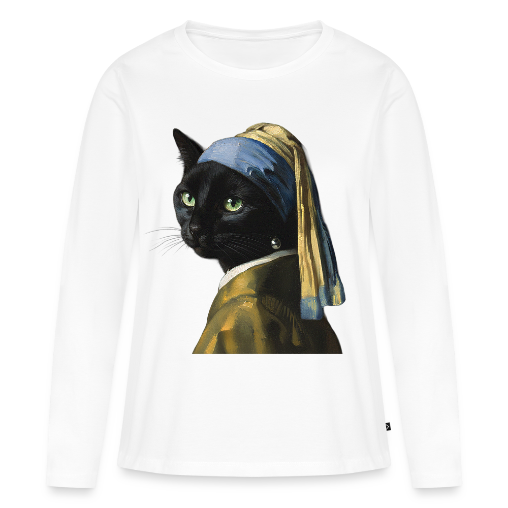 Das Mädchen mit dem Perlenohrring… aber es ist eine Katze |  Frauen Premium Bio Langarmshirt - Weiß