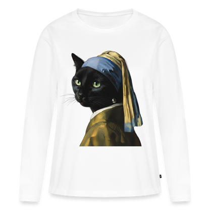 Das Mädchen mit dem Perlenohrring… aber es ist eine Katze |  Frauen Premium Bio Langarmshirt - Weiß