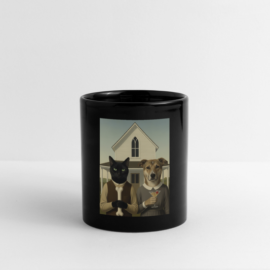 American Gothic… aber mit Katze und Hund | Tasse - Schwarz