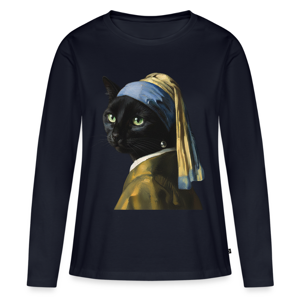 Das Mädchen mit dem Perlenohrring… aber es ist eine Katze |  Frauen Premium Bio Langarmshirt - Navy