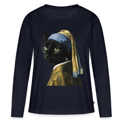Das Mädchen mit dem Perlenohrring… aber es ist eine Katze |  Frauen Premium Bio Langarmshirt - Navy
