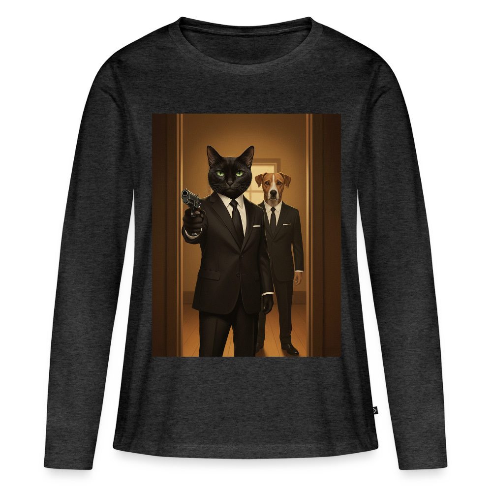 Krümel – Say Meow Again | Frauen Premium Bio Langarmshirt - Anthrazit meliert