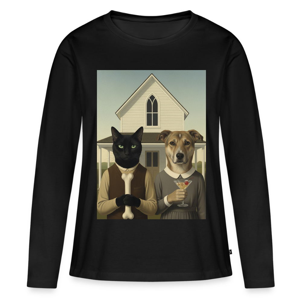 American Gothic… aber mit Katze und Hund | Frauen Premium Bio Langarmshirt - Schwarz