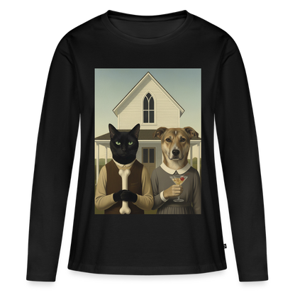 American Gothic… aber mit Katze und Hund | Frauen Premium Bio Langarmshirt - Schwarz