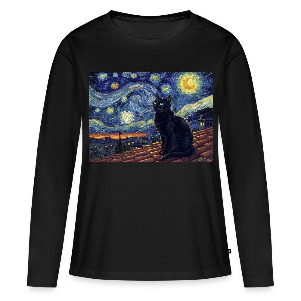 Sternennacht… aber die Katze denkt nach | Frauen Premium Bio Langarmshirt - Schwarz