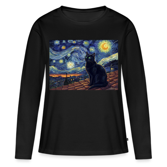 Sternennacht… aber die Katze denkt nach | Frauen Premium Bio Langarmshirt - Schwarz