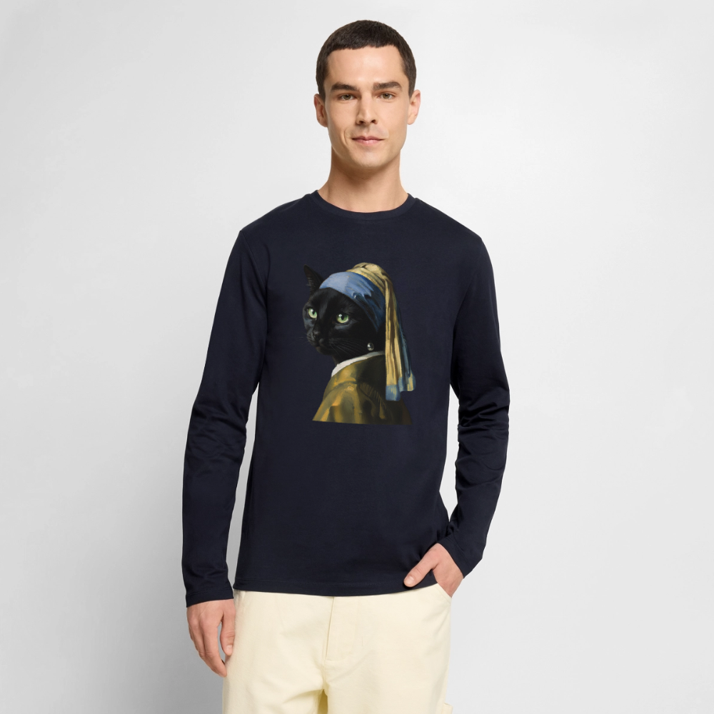 Das Mädchen mit dem Perlenohrring… aber es ist eine Katze |  Männer Premium Bio Langarmshirt - Navy