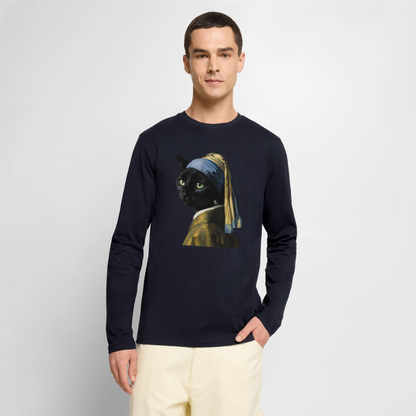 Das Mädchen mit dem Perlenohrring… aber es ist eine Katze |  Männer Premium Bio Langarmshirt - Navy