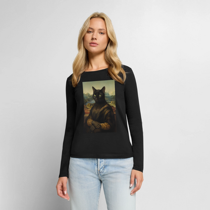 Mona Lisa… aber es ist eine Katze | Frauen Premium Bio Langarmshirt - Schwarz