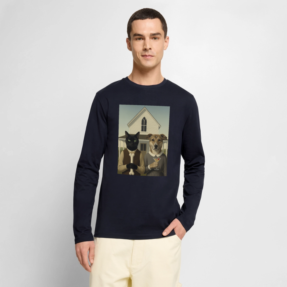 American Gothic… aber mit Katze und Hund | Männer Premium Bio Langarmshirt - Navy