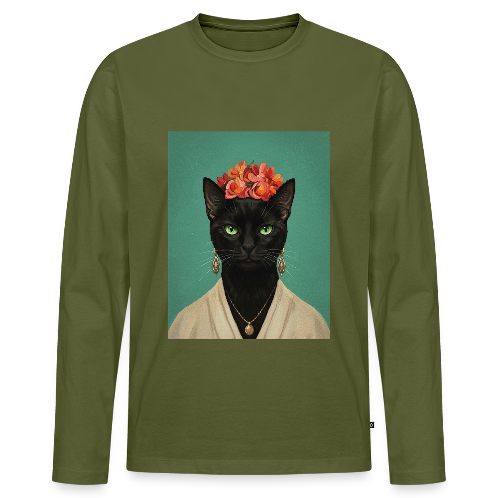 Frida Katze – Künstlerisches Katzenporträt | Men's Premium Organic Long Sleeve Shirt - khaki