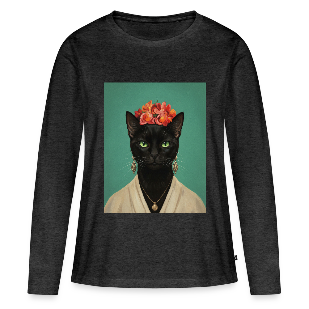 Frida Katze – Künstlerisches Katzenporträt | Frauen Premium Bio Langarmshirt - Anthrazit meliert
