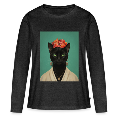 Frida Katze – Künstlerisches Katzenporträt | Frauen Premium Bio Langarmshirt - Anthrazit meliert