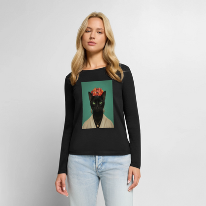Frida Katze – Künstlerisches Katzenporträt | Frauen Premium Bio Langarmshirt - Schwarz