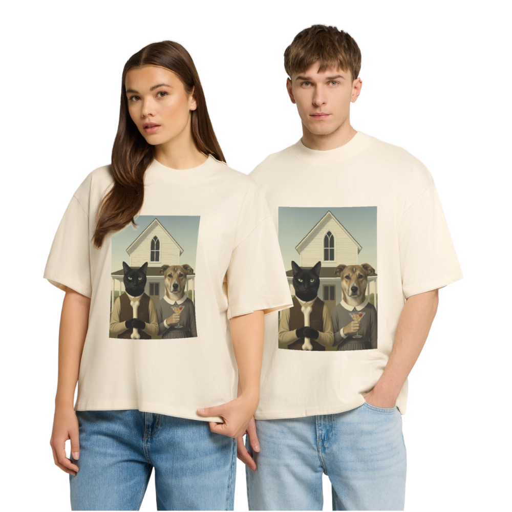 American Gothic… aber mit Katze und Hund | Stanley/Stella Oversized Unisex Bio T-Shirt Blaster - Natur
