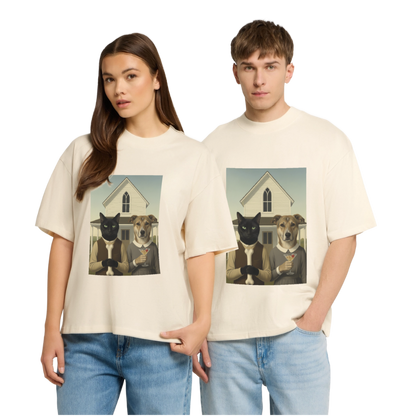 American Gothic… aber mit Katze und Hund | Stanley/Stella Oversized Unisex Bio T-Shirt Blaster - Natur