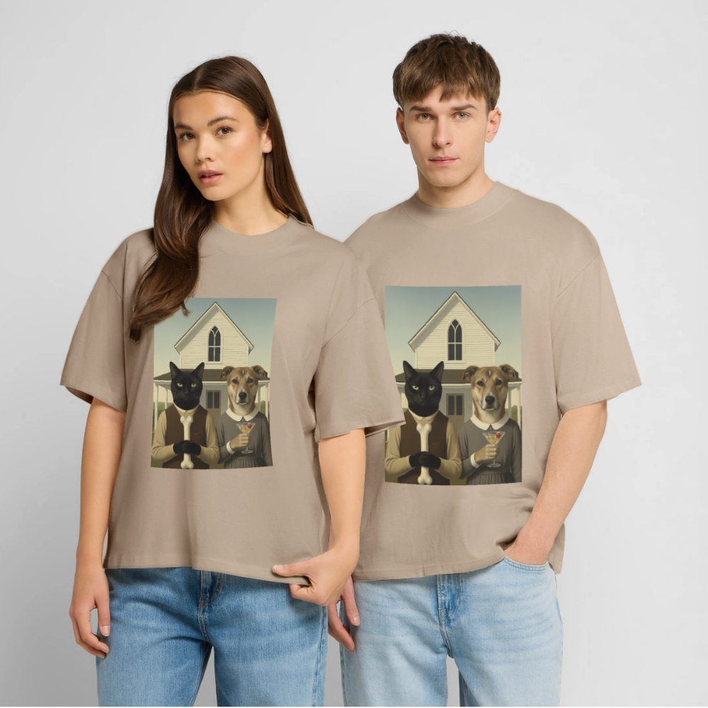 American Gothic… aber mit Katze und Hund | Stanley/Stella Oversized Unisex Bio T-Shirt Blaster - Steingrau