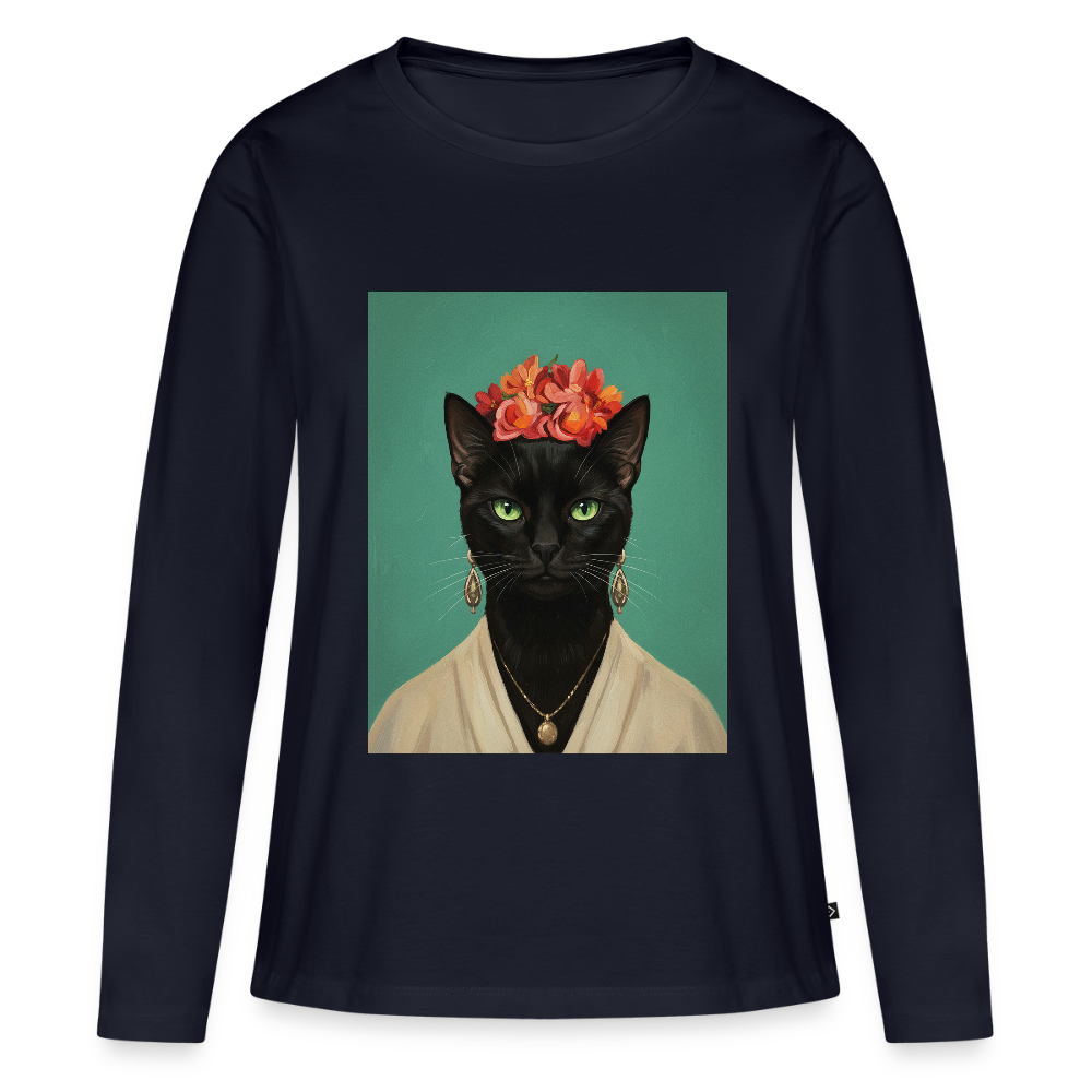 Frida Katze – Künstlerisches Katzenporträt | Frauen Premium Bio Langarmshirt - Navy