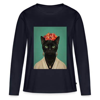 Frida Katze – Künstlerisches Katzenporträt | Frauen Premium Bio Langarmshirt - Navy
